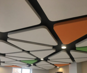 Quiet working environment: Ceiling baffles, acoustic hanging panels application in the office